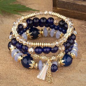 3/$35 Round Beads Stretch Bracelet Set Blue Gold Stackable Crystal Multi Layers